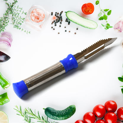 Wukusy 2-in-1 stainless steel vegetable and potato peeler with hanging ring for peeling and shredding carrots, potatoes, and fruits.