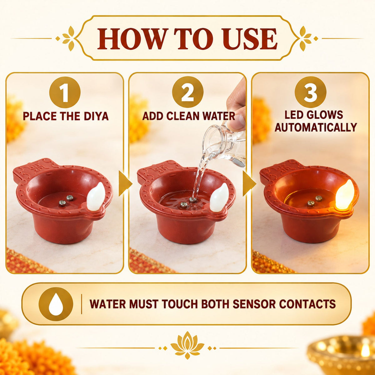 Set of six flameless LED Diya water sensors for Diwali and Pooja decoration by Wukusy, showcasing glowing decorative lamps.
