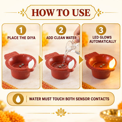 Set of six flameless LED Diya water sensors for Diwali and Pooja decoration by Wukusy, showcasing glowing decorative lamps.