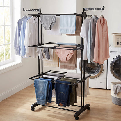Metal Expandable Garment Rack 3 Layer Cloth Drying Stand With Wheels (1 Pc)