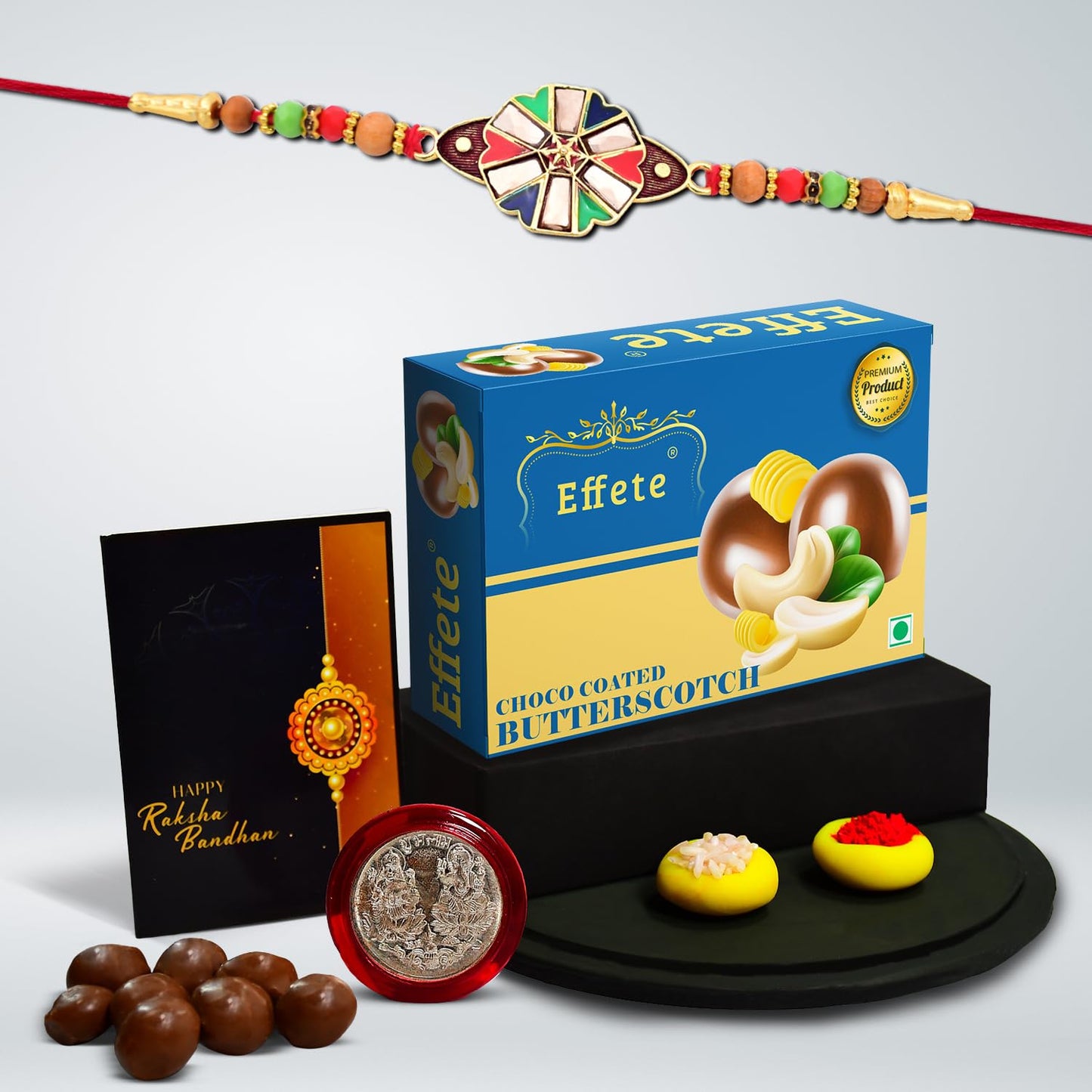 Wukusy Rakhi combo featuring a stylish decorative Rakhi with chocolate Butter Scotch 32g for brothers, set of 1 with gift packaging