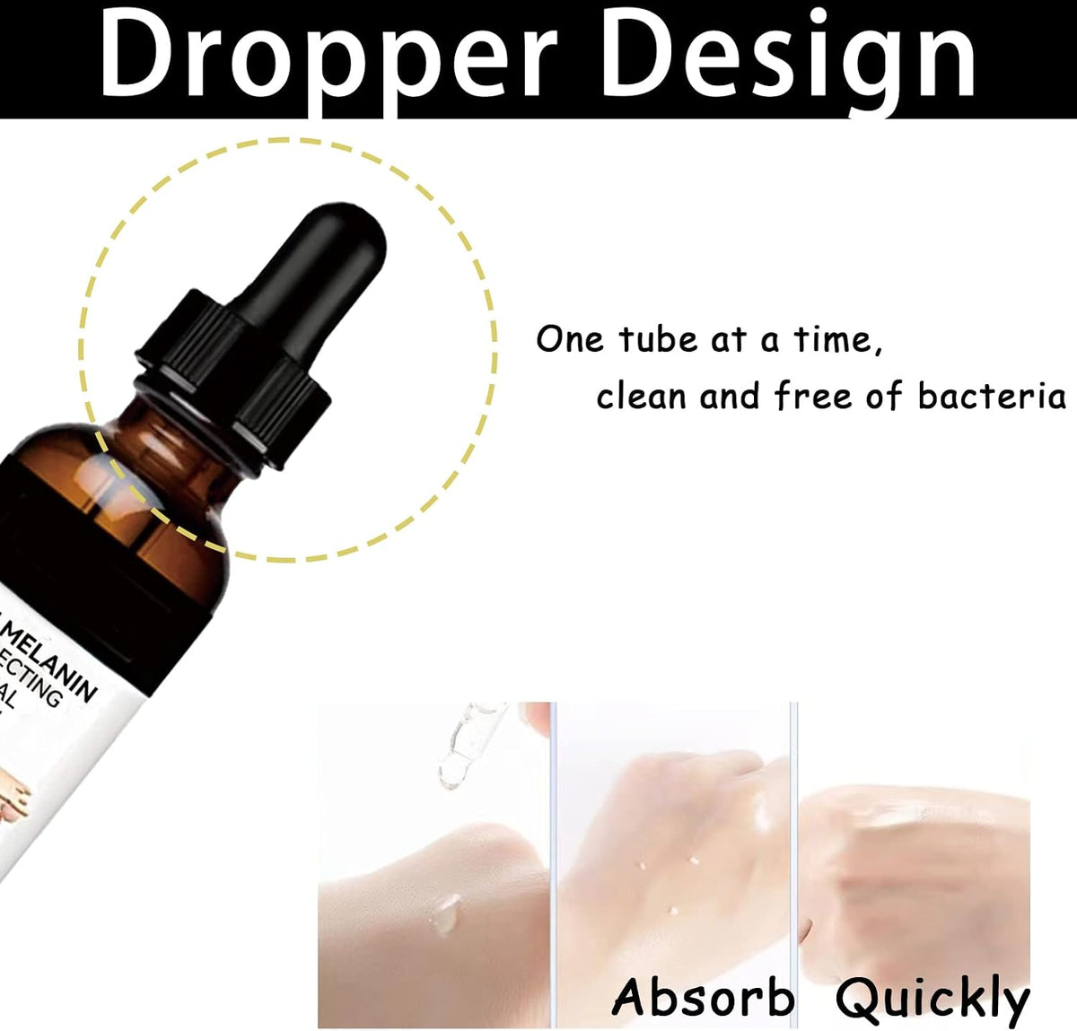 Dropdash Melanin Correcting Facial Serum 50ML in a sleek pump bottle, showcasing the serum's smooth, clear texture and elegant packaging.