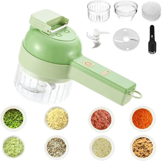Portable electric vegetable cutter set by Drpshippr with multiple blades and containers for easy home kitchen vegetable prep.