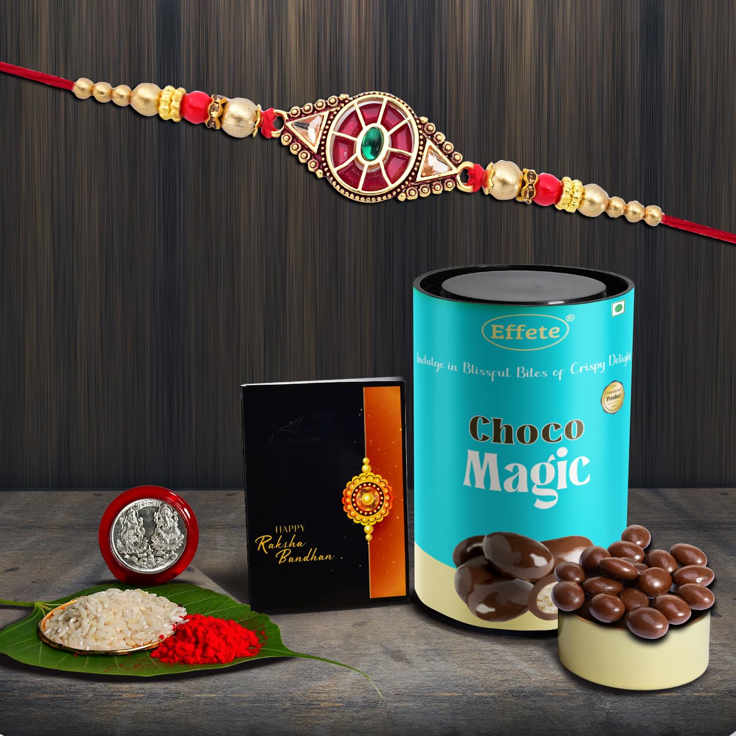 Wukusy Rakhi Combo with chocolate-themed fancy rakhi for brother, stylish design, includes chocolate gift, set of one.