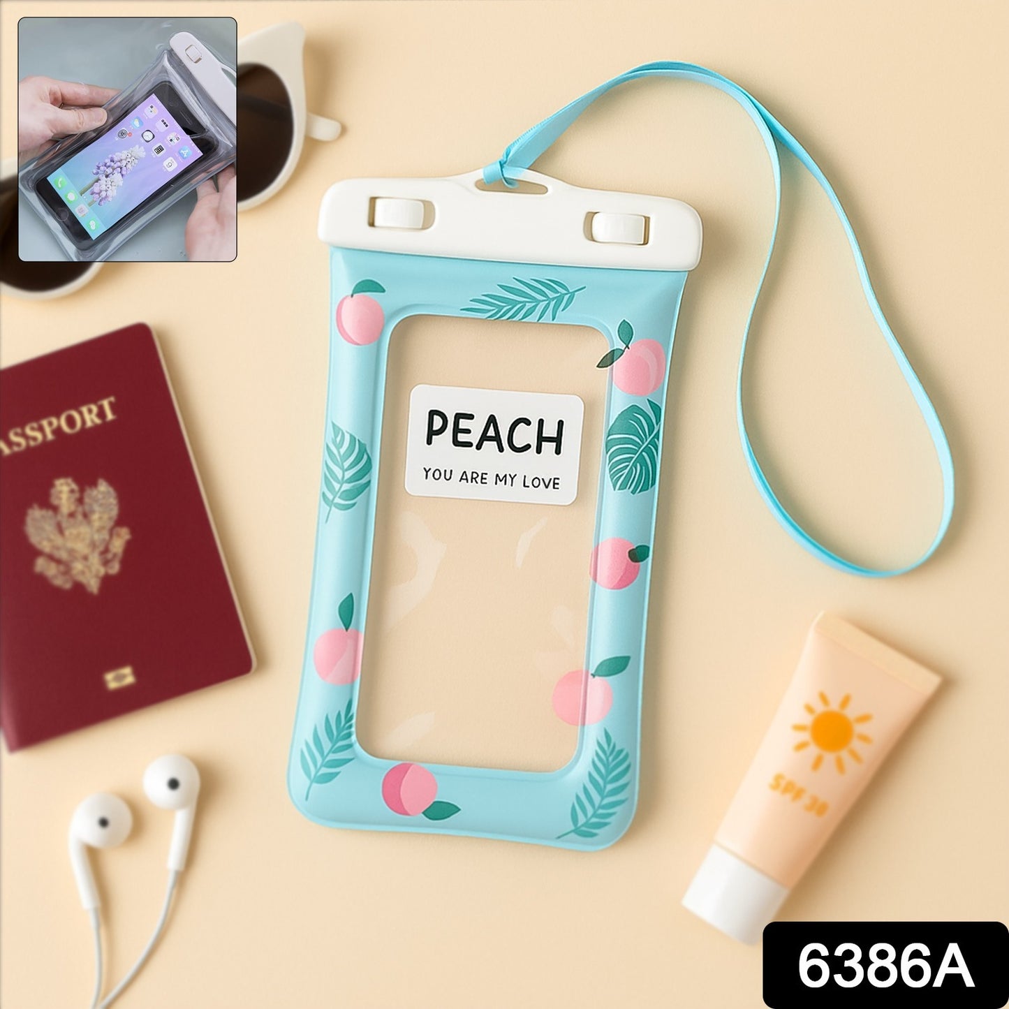 Clear waterproof mobile pouch with peach tint and neck strap by Wukusy, designed to protect your phone from water.