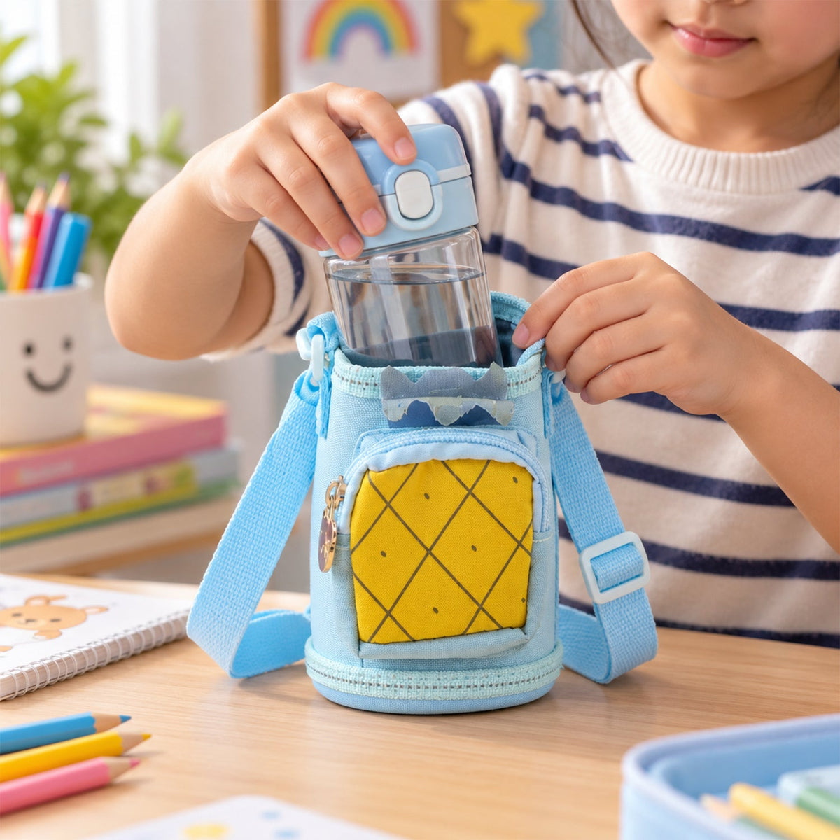 Kids Water Bottle Carrier Sling Pouch Bag With Strap Cute Animal Design (1 Pc)