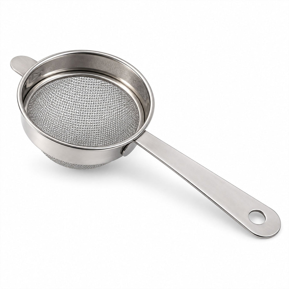 Wukusy Apex stainless steel tea strainer No 3 with long handle and fine mesh, suitable for brewing loose leaf tea.