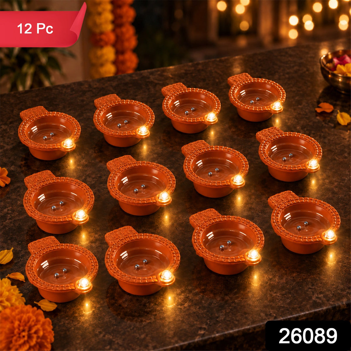 Wukusy flameless LED diyas, 12-piece set, decorative water sensor diyas for Diwali and pooja decoration.