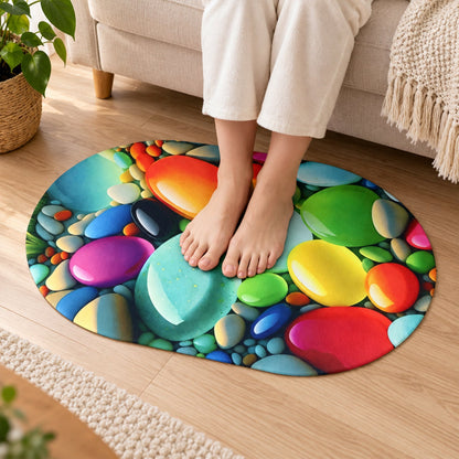 Colorful pebble print oval door mat by Wukusy, 57.5x38 cm, ideal for home floor decor with vibrant pebble pattern.