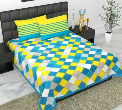 Super Soft Pure Cotton Fitted Double Bed Bedsheet with 2 Pillow Covers (100x90 Inches)