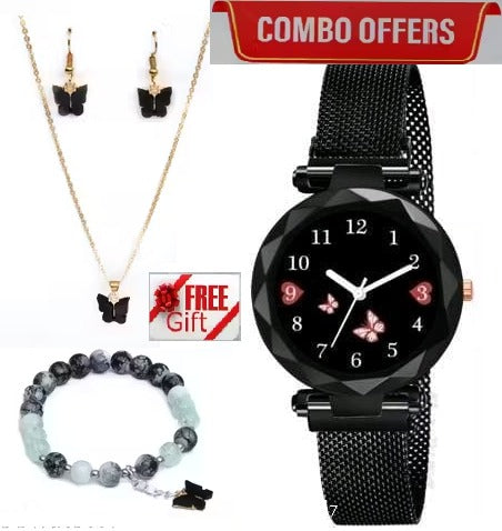 Women’s butterfly design analog watch with bracelet, necklace, and earrings from Drpshippr Women's Collection, elegant jewelry gift set.