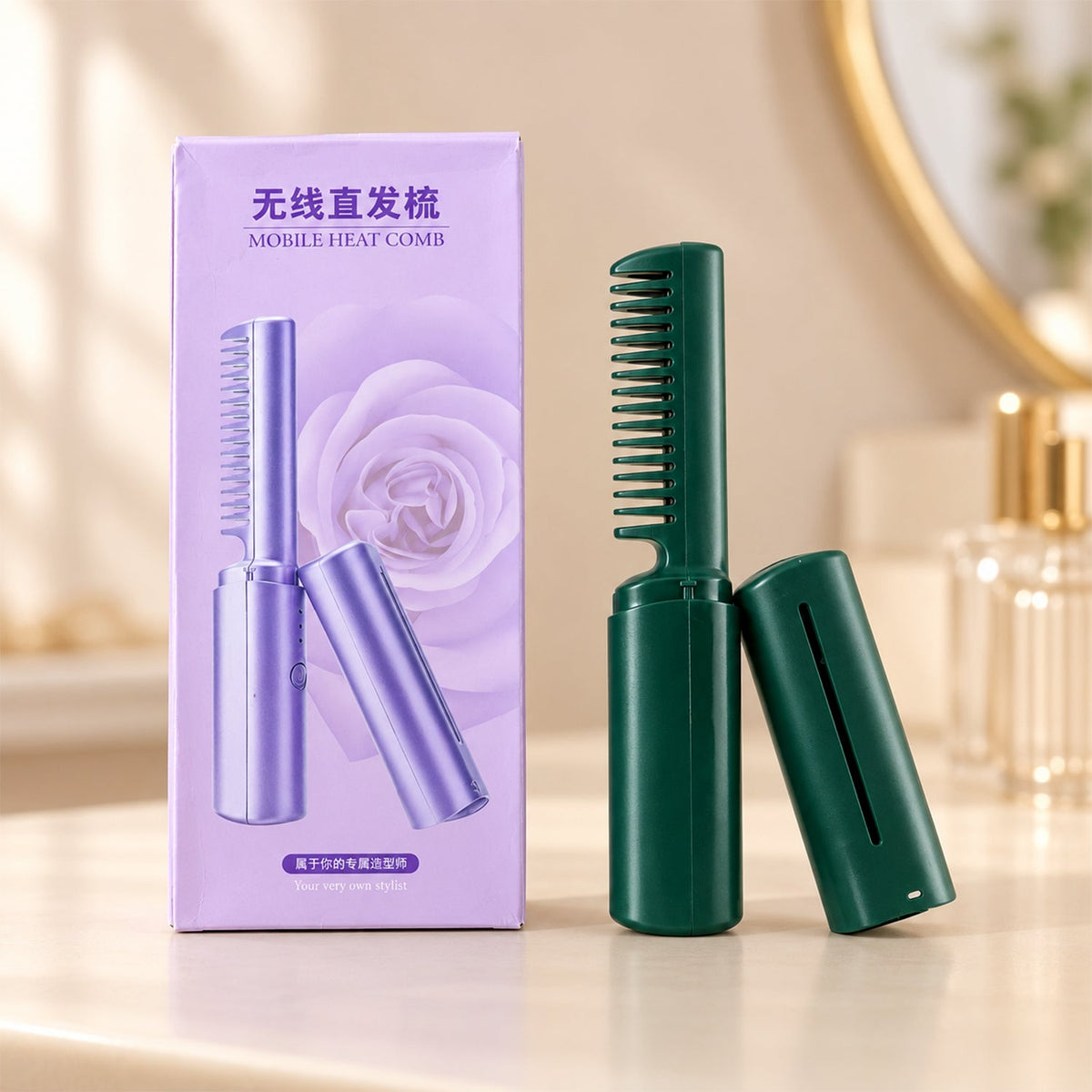 Wukusy cordless hair straightener brush with cap for portable hair styling, showing the compact device with bristles and sleek design.