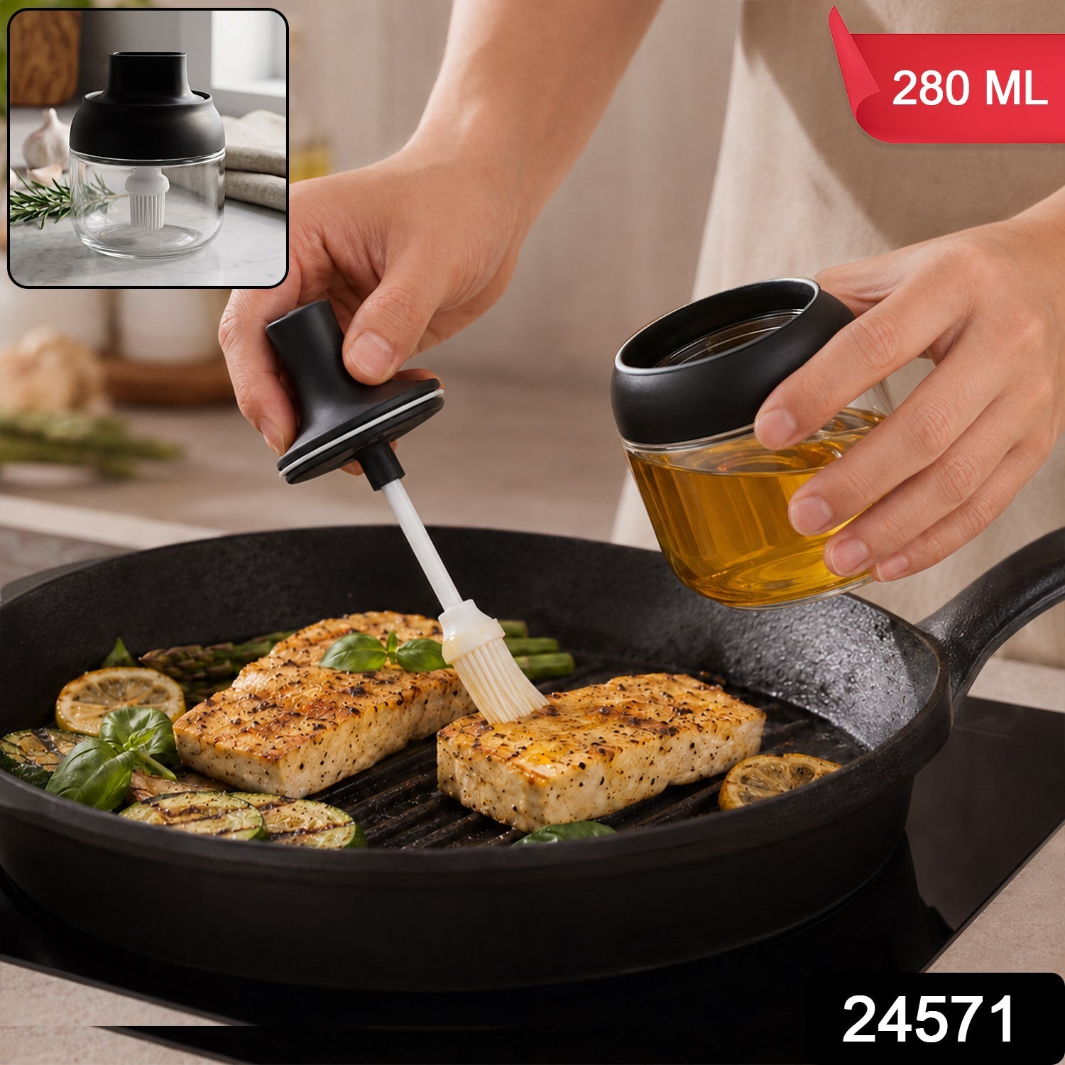 Round Glass Jar Oil Dispenser With Brush 280 Ml For Cooking And Kitchen Use (1 Pc)