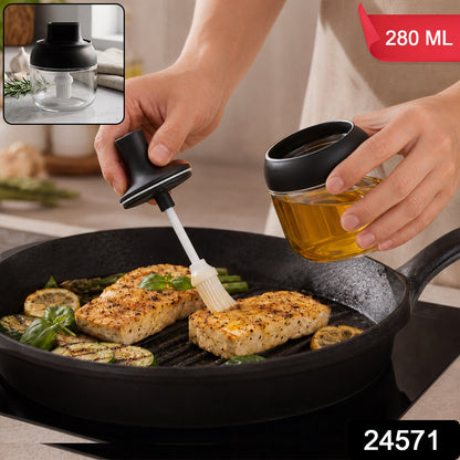 Round Glass Jar Oil Dispenser With Brush 280 Ml For Cooking And Kitchen Use (1 Pc)