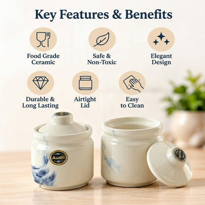 Ceramic Storage Jar Set With Lids For Tea Sugar And Kitchen Spices (2 Pc)