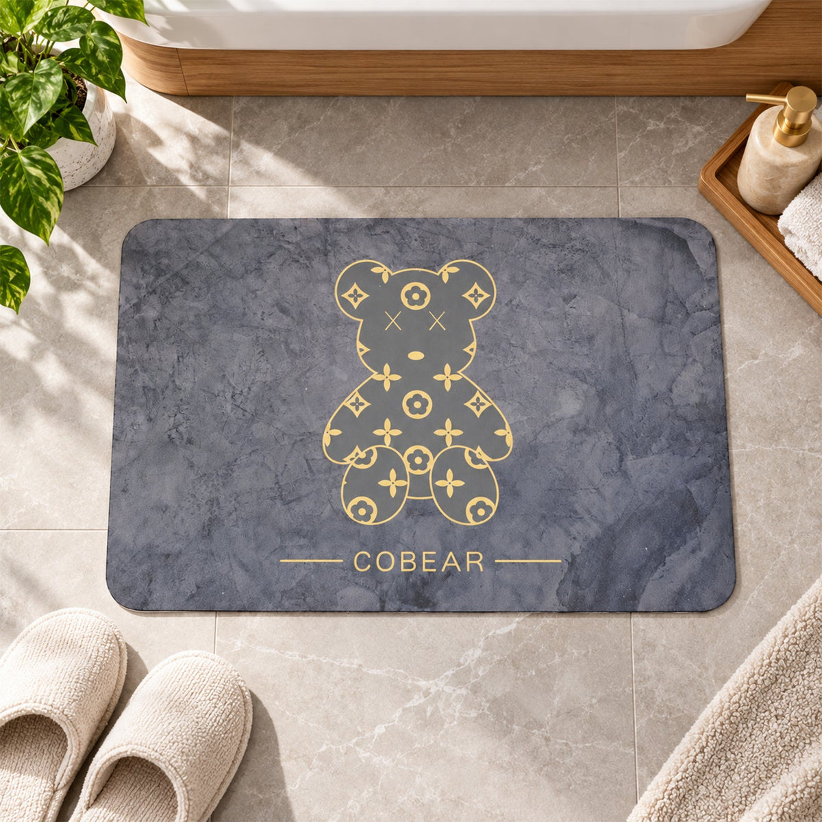 Grey Wukusy absorbent bathroom mat with golden bear print, quick-drying, 60x40 cm, non-slip bathroom rug.