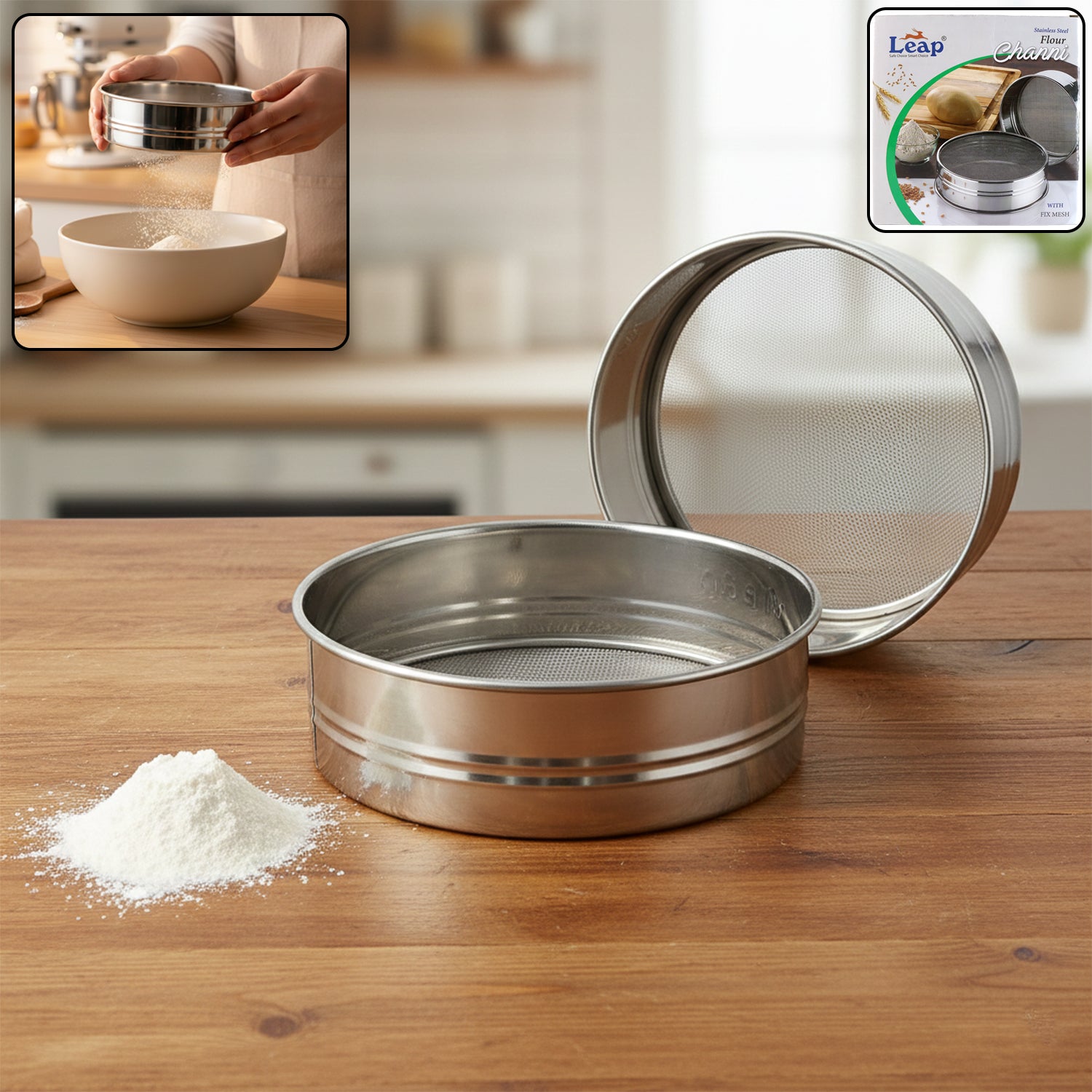 Stainless Steel Fine Mesh Atta Chalni Sieve Set (2 Pc Set)