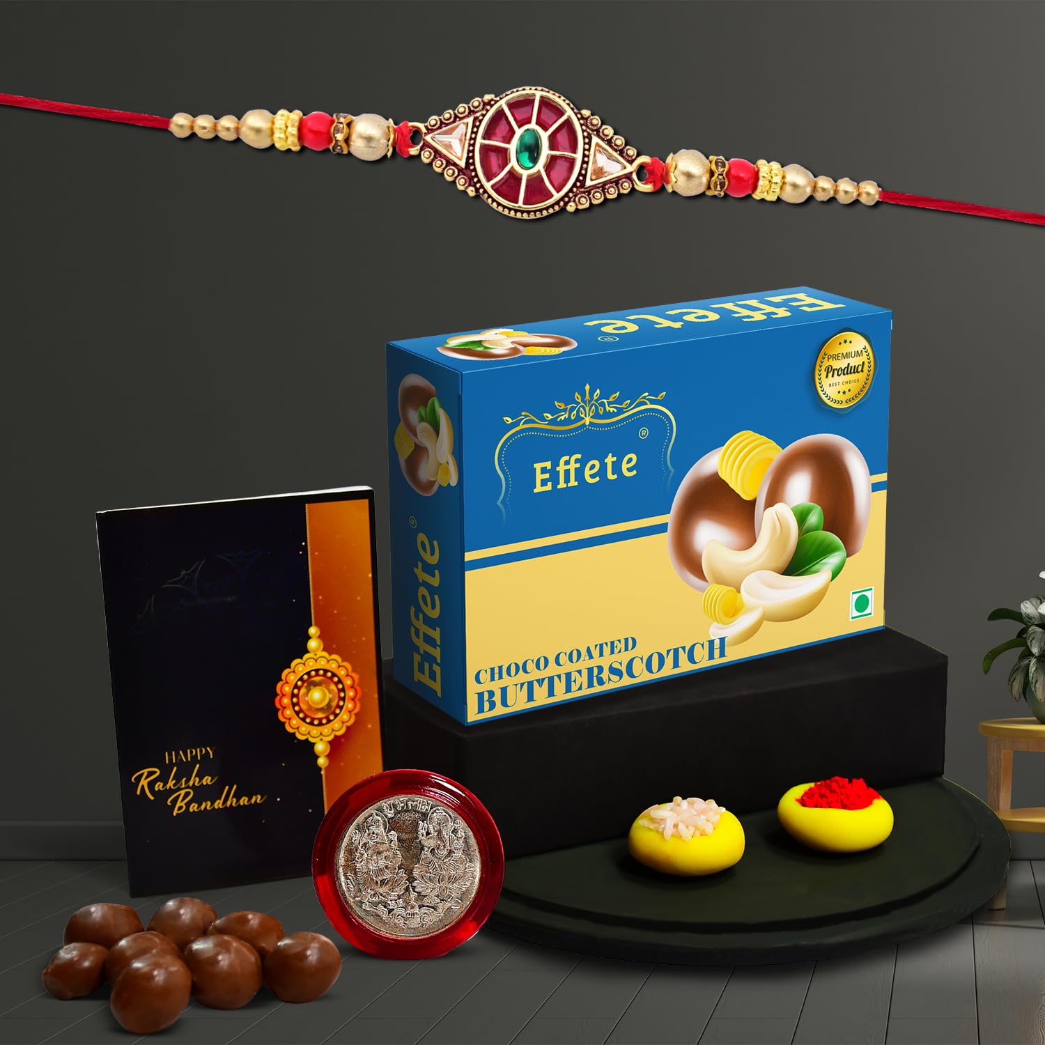 Wukusy Rakhi set with chocolate butter scotch 32g, decorative Rakhi with gift card and chocolates for brother, single Rakhi combo.