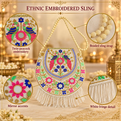 Traditional peacock embroidered fringe jute purse by Wukusy, 24x24 cm with intricate peacock and fringe details.