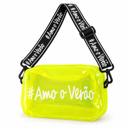 Wukusy transparent PVC crossbody bag with adjustable strap and zipper, 20x11 cm, showing clear view of bag and strap details.