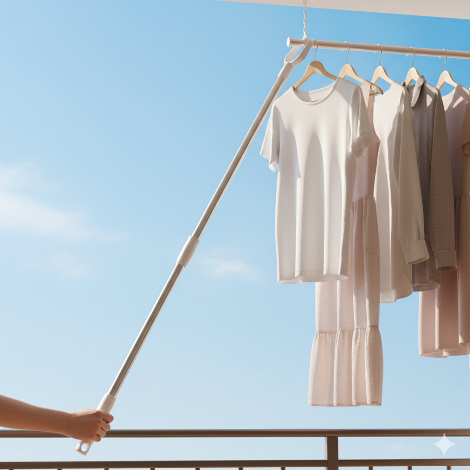 Wukusy premium long reach clothes hook rod, 120 cm, mounted on wall for hanging garments in home improvement setting.