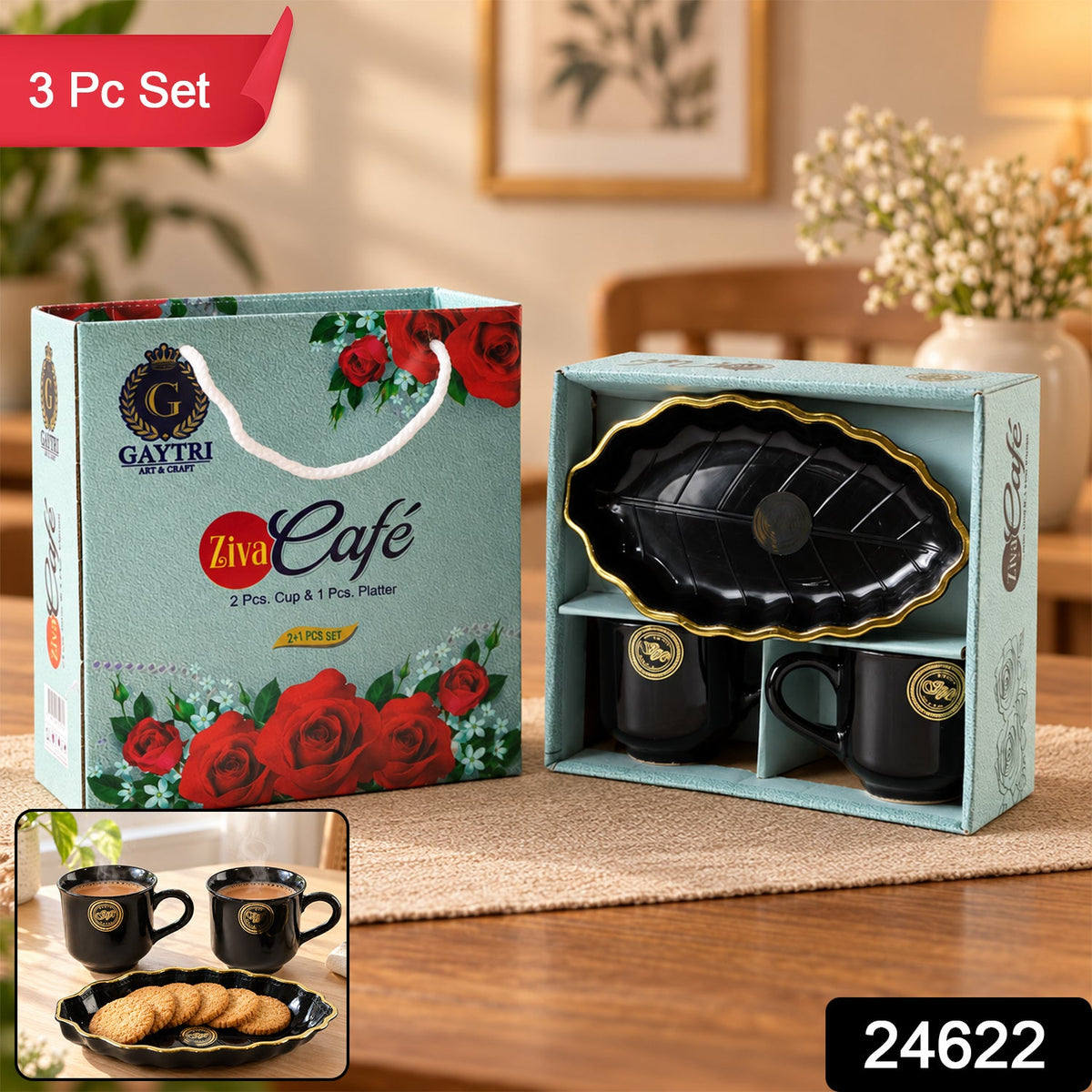 Wukusy tea and coffee cup set with matching leaf-shaped platter for biscuits, includes three ceramic pieces for serving beverages and snacks.