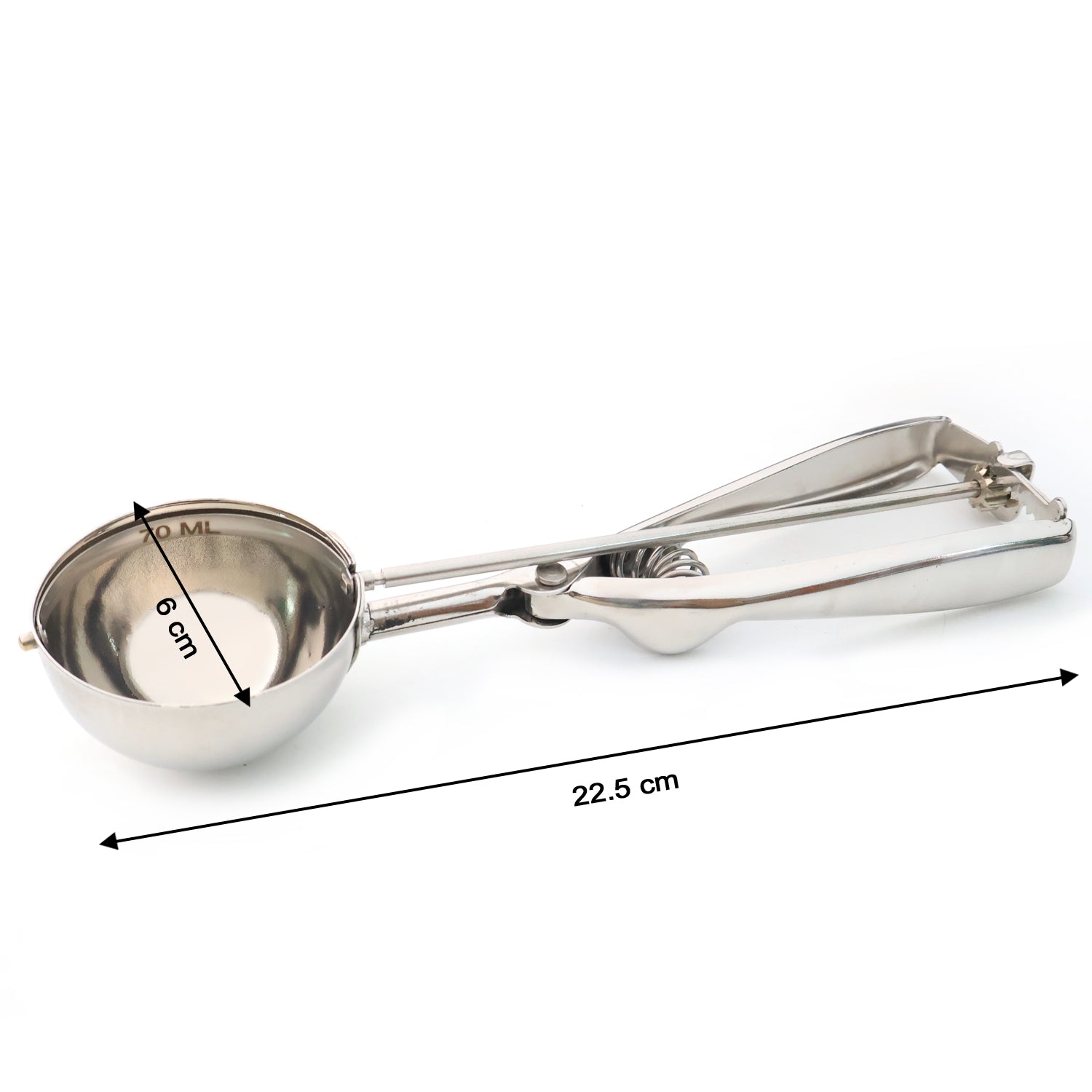 Wukusy premium stainless steel ice cream scoop with trigger release and approximately 70 ml capacity, showcasing its ergonomic handle and scoop head.
