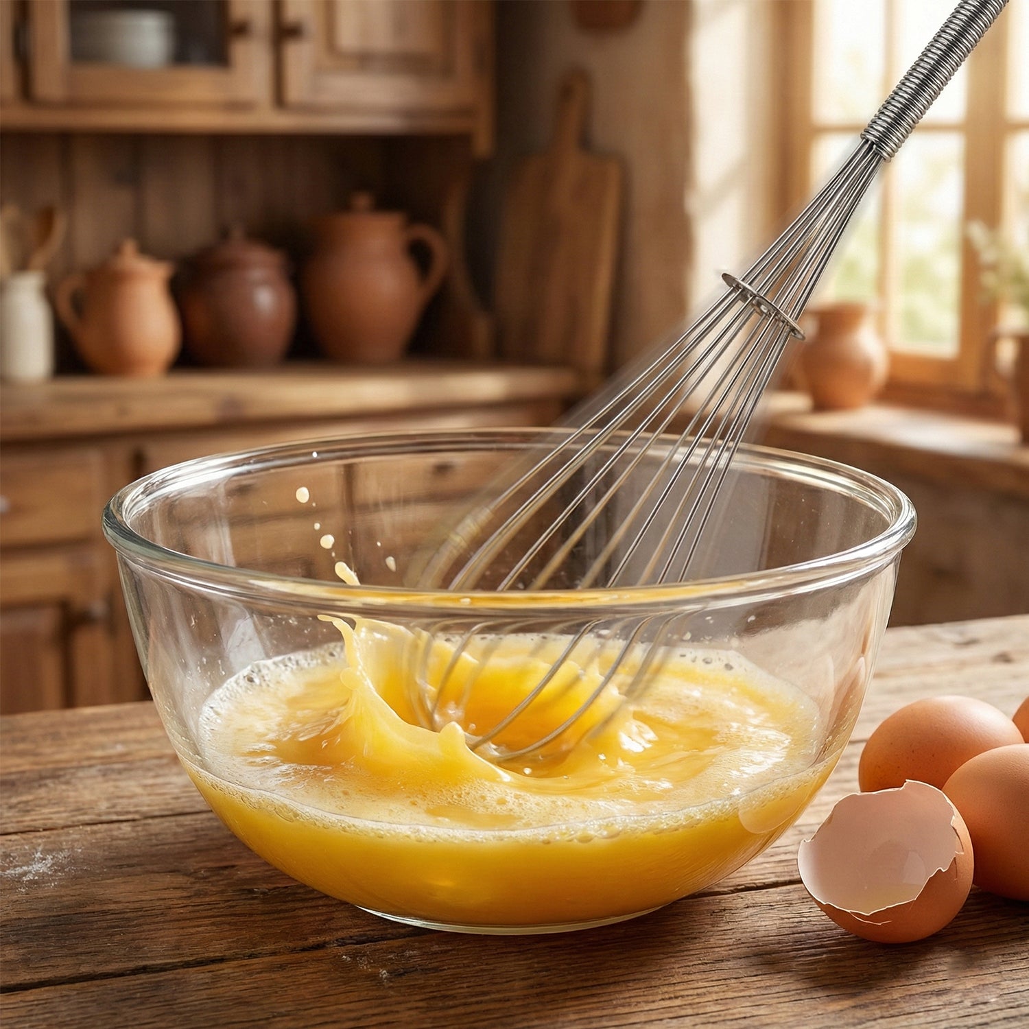 Wukusy manual stainless steel egg beater whisk with ergonomic handle, suitable for mixing eggs and light batters.
