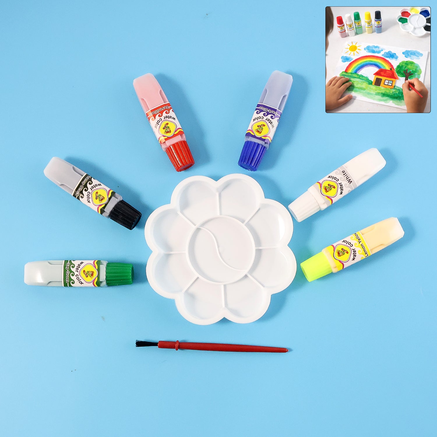 Kids Water Colour Painting Set With Brush  Mixing Palette (1 Set)