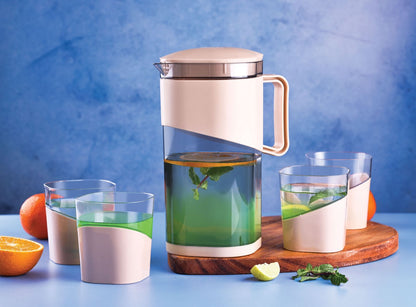 Square Water Jug with Lid and 4 Pieces Glass Set | Stylish Plastic Food Grade BPA-Free for Water, Wine, Juice Storage & Serving