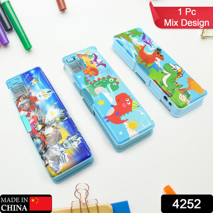 Wukusy multipurpose plastic pencil case with double compartments, cartoon printed design, ideal for school supplies and kid's gift.
