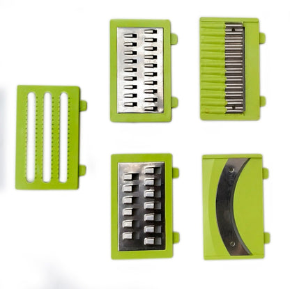 Wukusy 13-in-1 plastic vegetable grater, slicer, and chopper with multiple blades and hand crank for versatile food prep.
