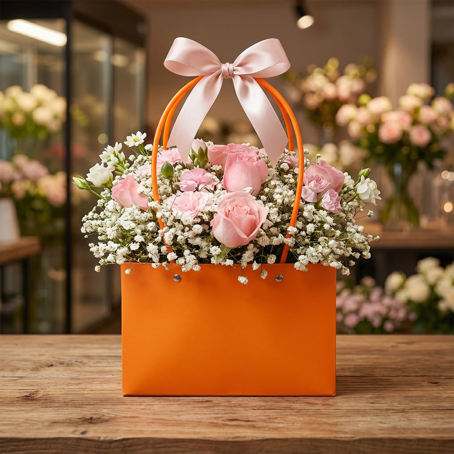 Wukusy foldable flower packaging bag with handle, suitable for bouquets and gifting, shown in natural fold with floral accents.