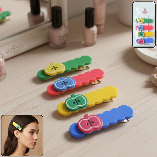Set of four cute apple design hair clips by Wukusy, featuring colorful and playful apple-shaped accessories for hair styling.