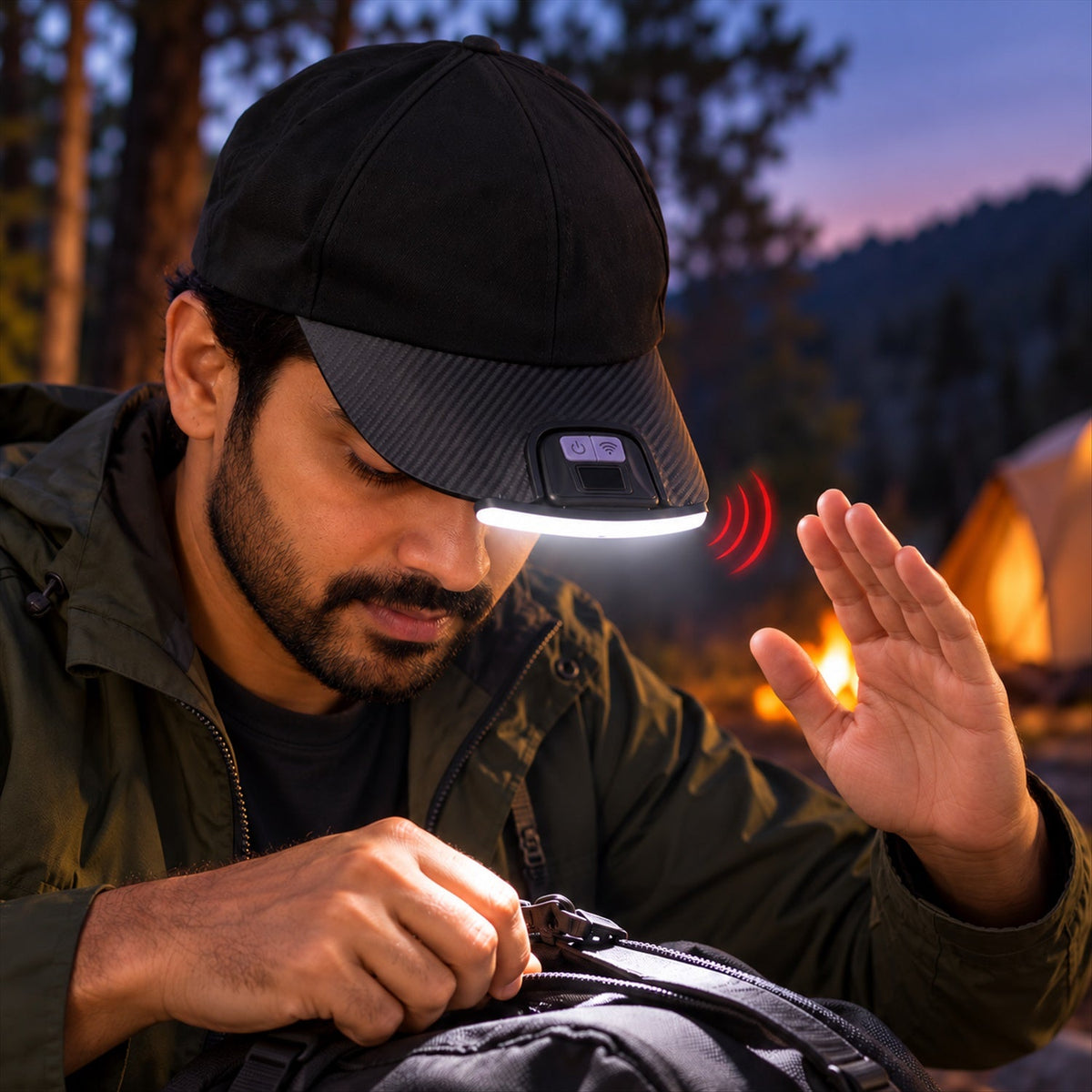 Wukusy rechargeable LED hat light with motion sensor attached to a cap, ideal for camping and outdoor activities.