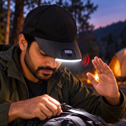 Wukusy rechargeable LED hat light with motion sensor attached to a cap, ideal for camping and outdoor activities.
