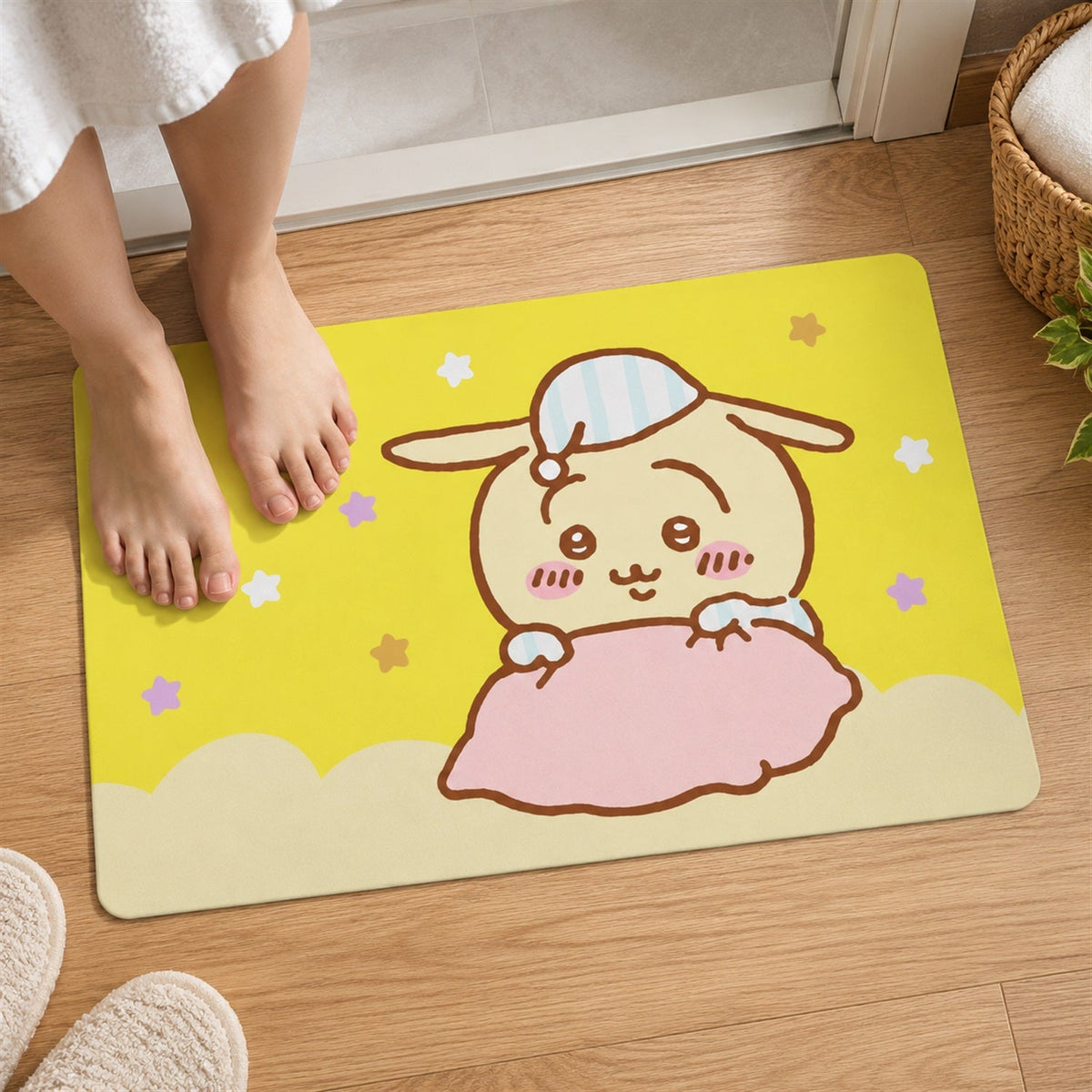 Wukusy absorbent bathroom mat with cute cartoon bunny print, quick-dry fabric, 60x40 cm, perfect for bathroom floor use