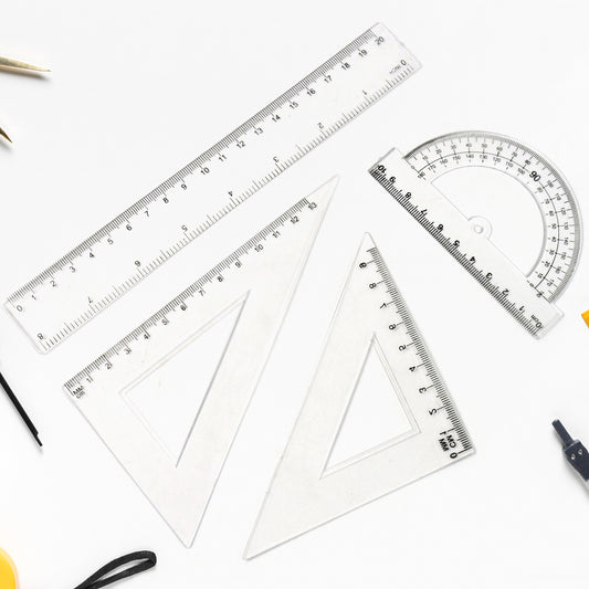 Wukusy plastic geometry set with triangle ruler, protractor, and straight rulers for office and educational use.