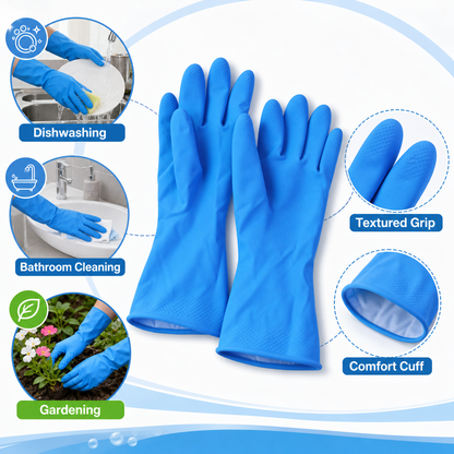 Pair of Wukusy medium Victor blue rubber cleaning gloves for kitchen dishwashing, reusable and durable for kitchen chores.