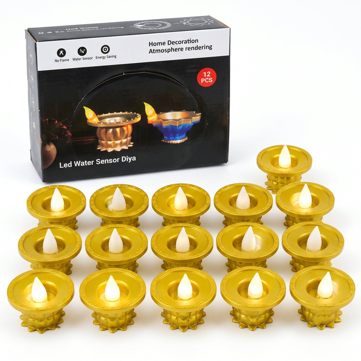 Water Sensor Led Diyas For Diwali Pooja And Festive Home Decor (12 Pc Set)