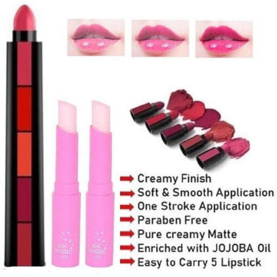 Drpshippr 5-in-1 lipstick pack with random color and two magic lipbalms, displayed in a compact, colorful makeup set.