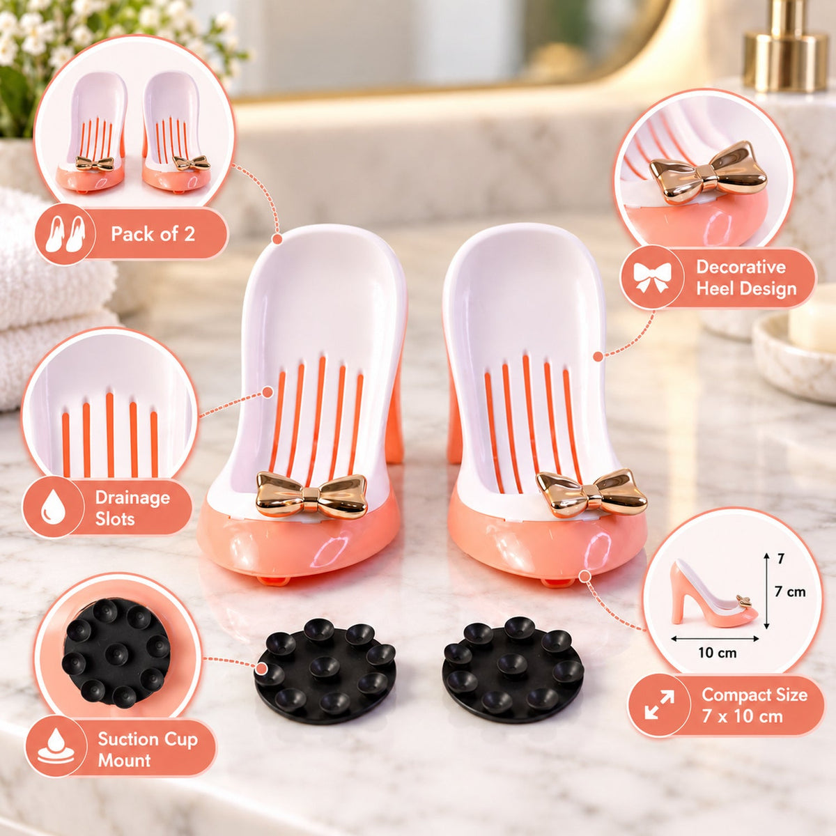 Pair of shoe-shaped shower soap holders with drainage and suction mounts, black and white, designed for bathroom organization.
