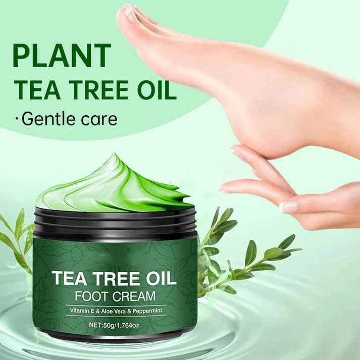 Drpshippr Tea Tree Oil Foot Cream tube showing natural ingredients, designed for moisturizing and soothing feet.