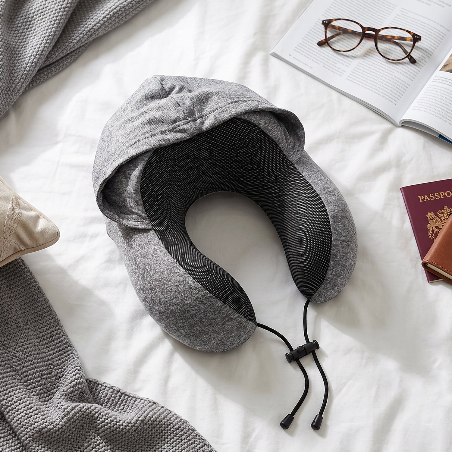 U Shaped Hooded Neck Pillow Grey Travel Pillow With Drawstring Hood (1 Pc)