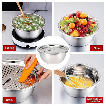 Stainless steel multifunctional basin set with multiple bowls and lids, ideal for kitchen prep and storage by Drpshippr.