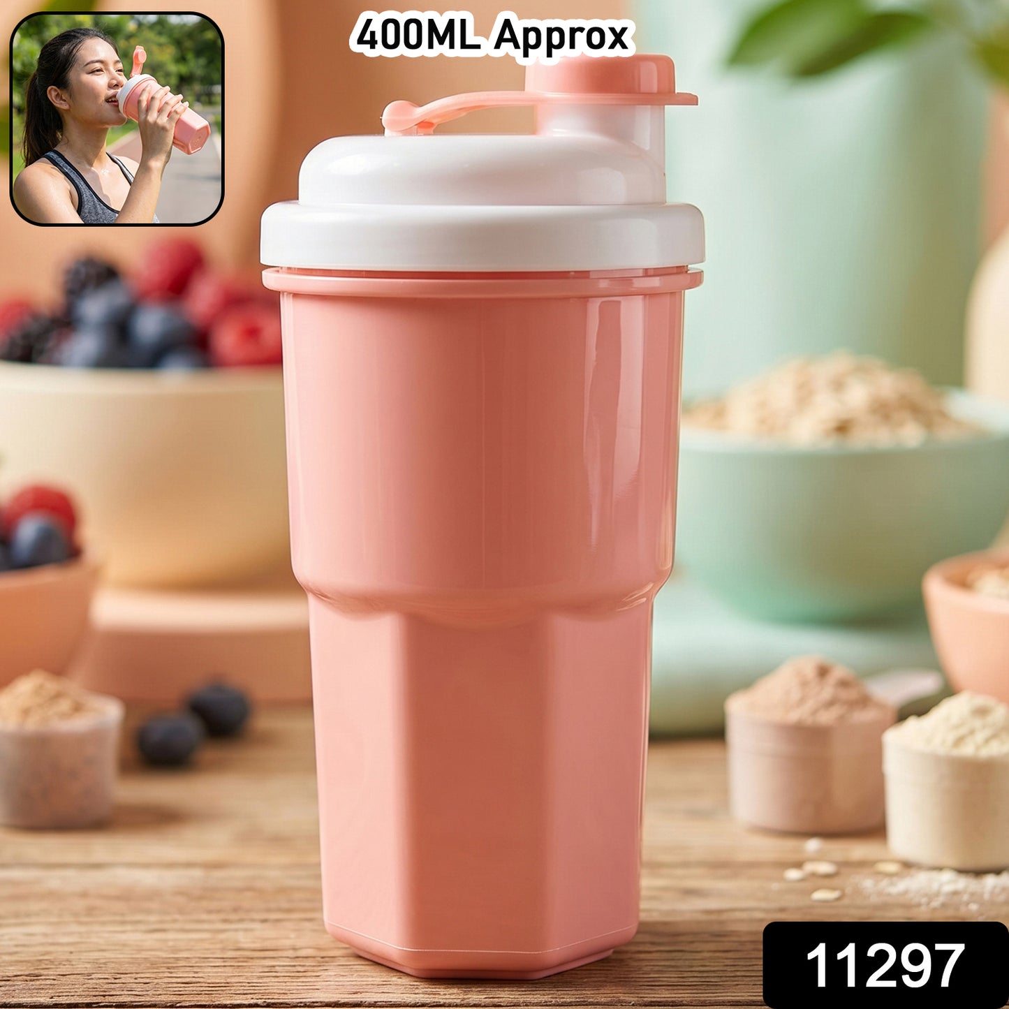 Wukusy 400ml multipurpose protein tumbler with secure flip lid, stainless steel body, and leak-proof design for drinks on the go.