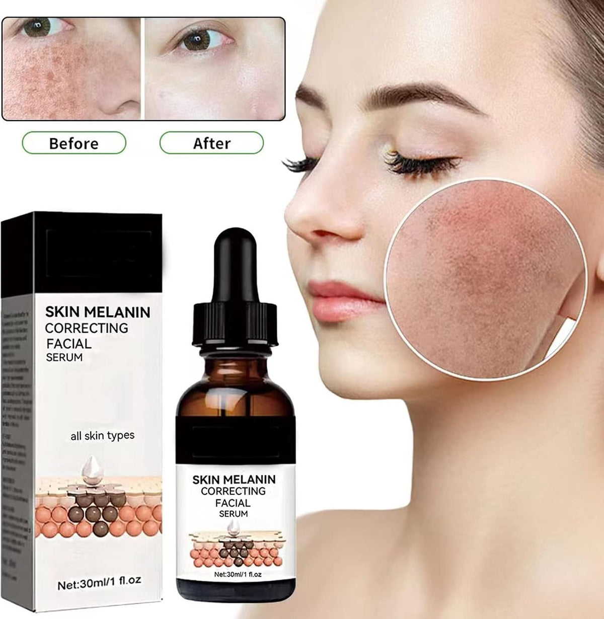 Dropdash Melanin Correcting Facial Serum in a 50ML bottle, designed to brighten and even skin tone.