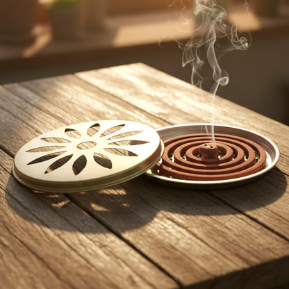 Wukusy 2-in-1 metal mosquito coil stand and incense burner, 15x15 cm, with a decorative design for outdoor and indoor use