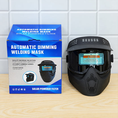 Wukusy automatic dimming welding mask with solar-powered filter, showing the mask's front view and adjustable headband.