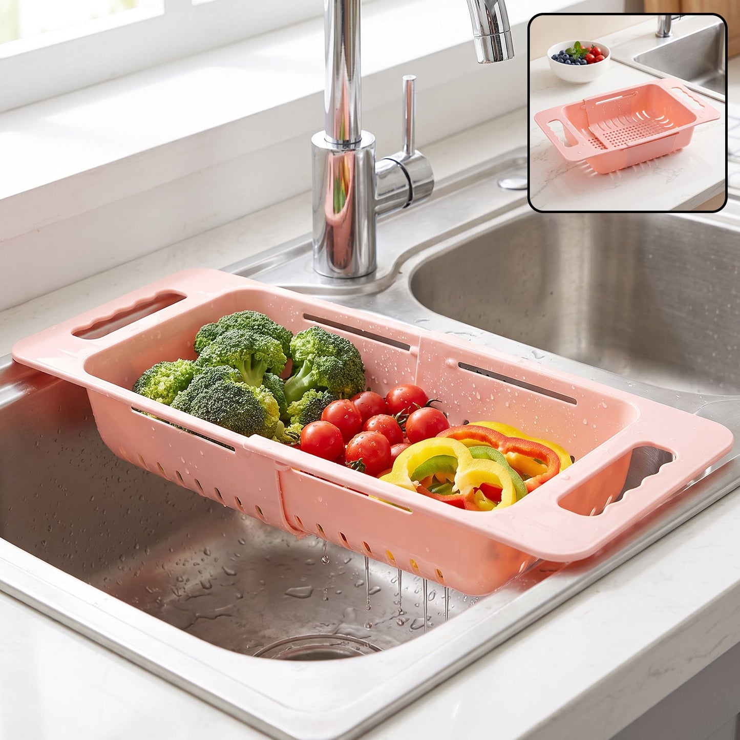 Wukusy adjustable plastic over-the-sink drain basket colander with handles, used for rinsing and draining food or utensils.